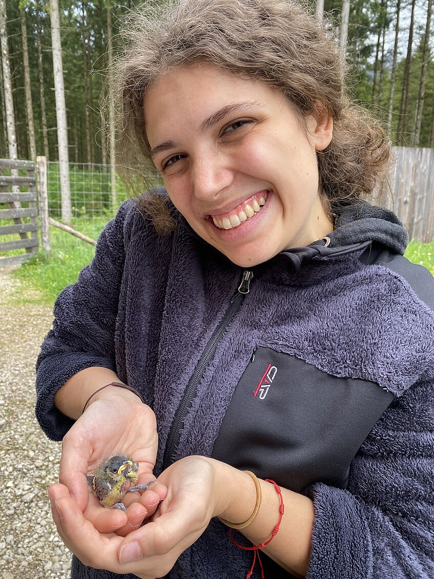 young woman holding a songbird chick in hand