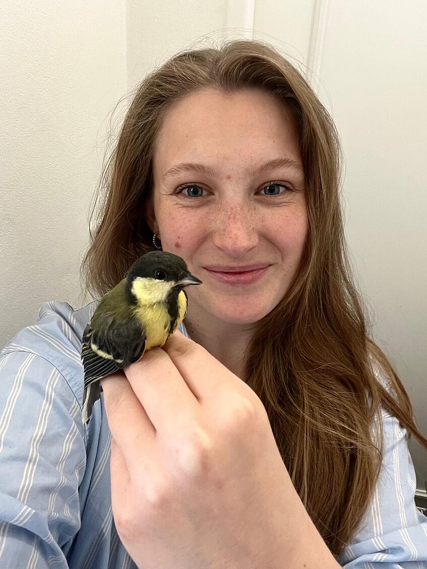 Portrait of a woman with a small songbird in hand