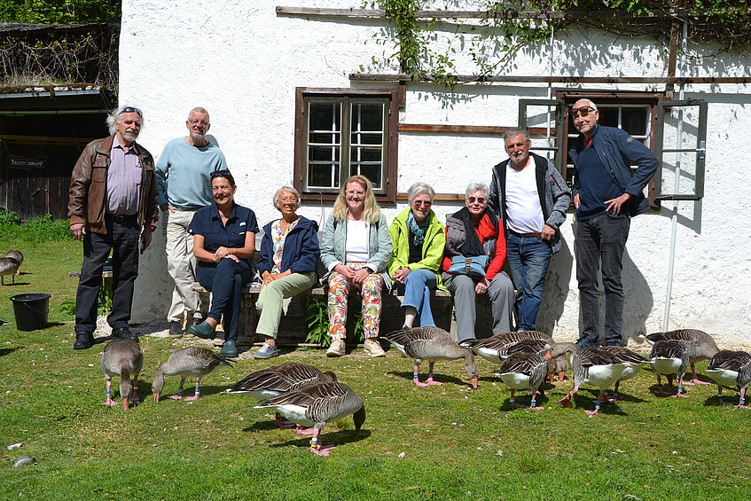 eine Gruppe von Senior*innen vor einem Gebäude, Graugänse auch im Bild