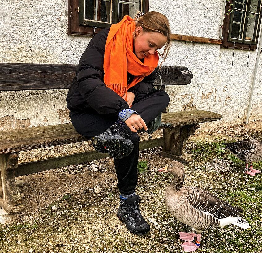 Female sitting on a bench in front of a building, a greylag goose is close to her